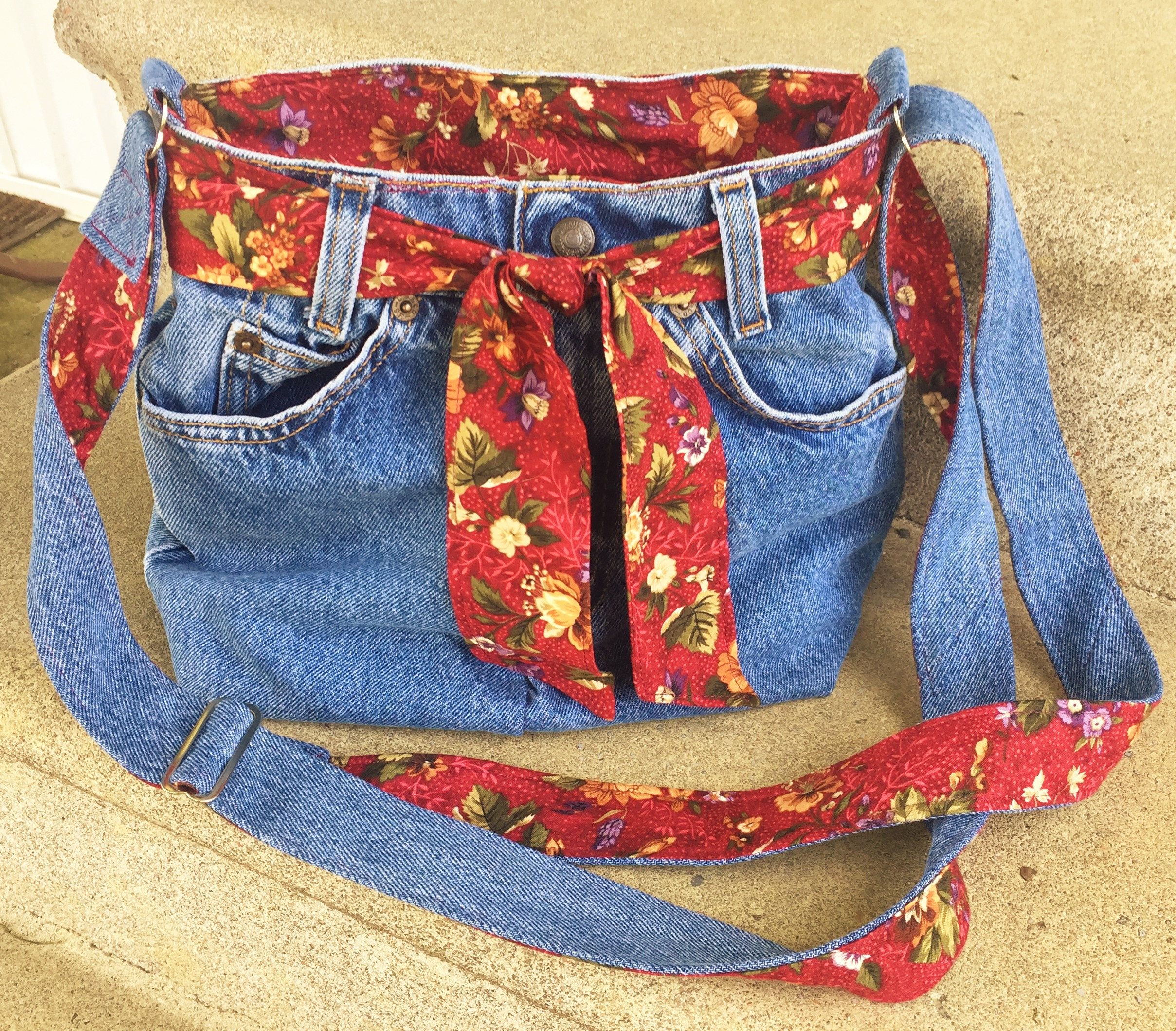 Upcycled Levis Jeans Crossbody Bag, Adjustable Strap, Interior Pockets, Floral Fabric, Eco ...