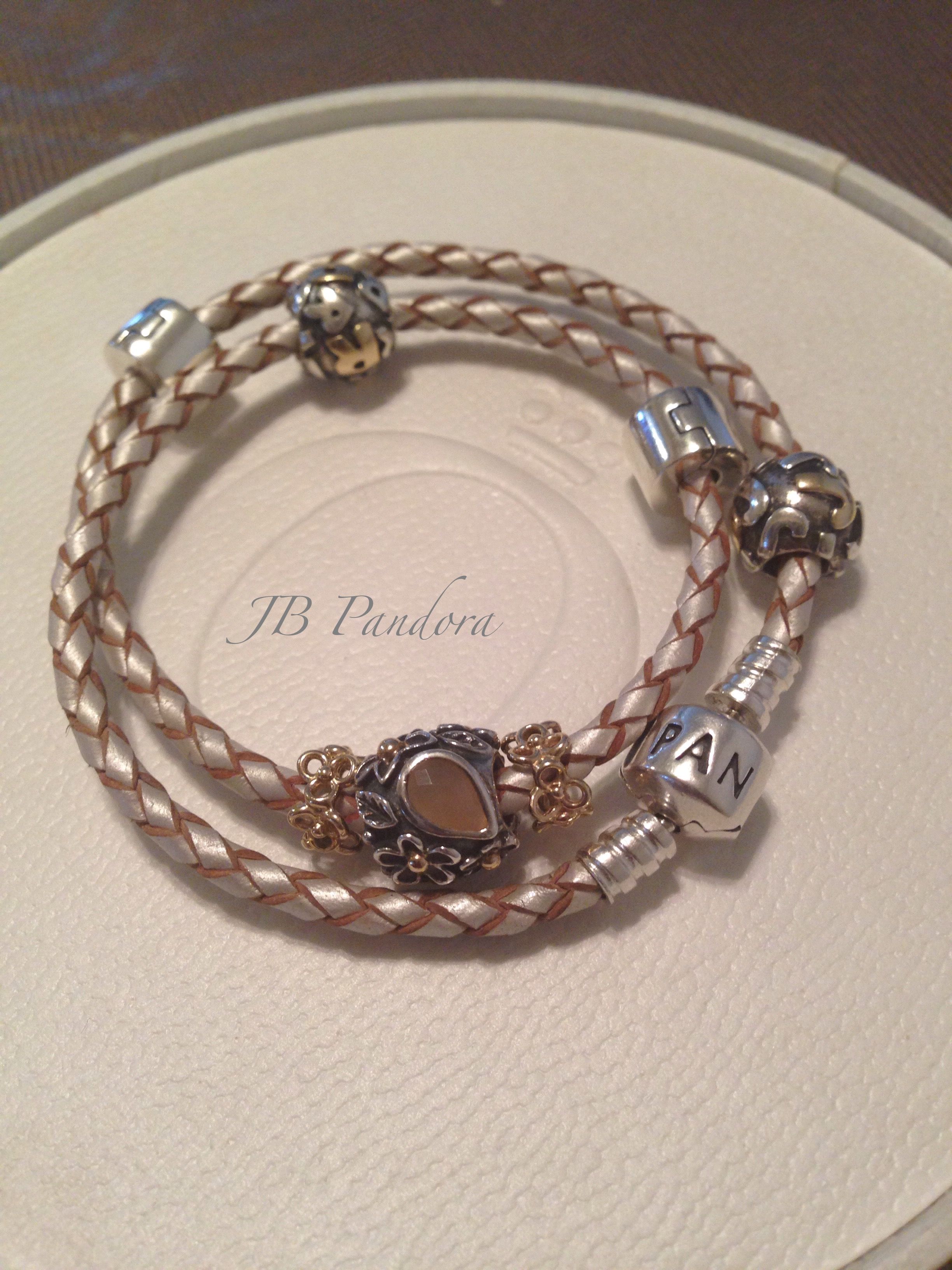 Pandora Champagne Leather Bracelet Moonstone Dew Drop And Retired Pandora Champagne Leather Bracelet Moonstone Dew Drop And Retired Two Tone Initials
