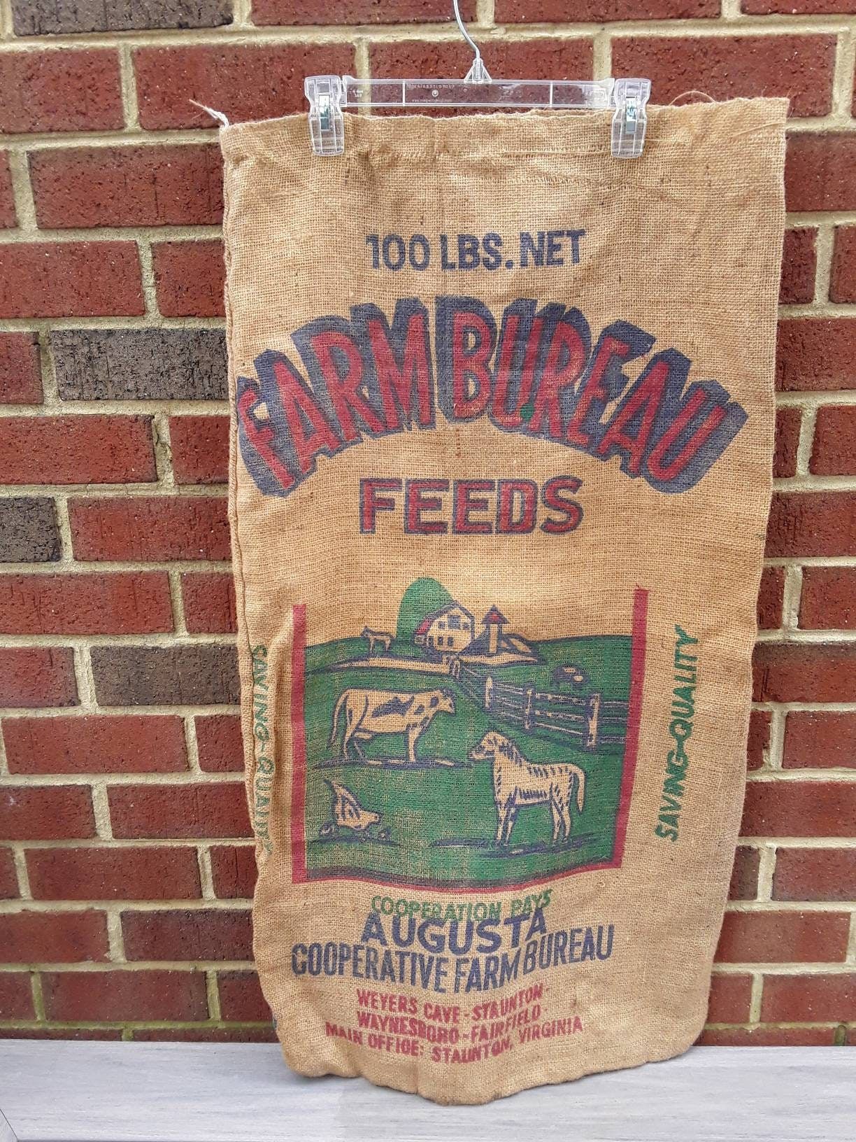 "Vintage burlap feed sack. This feed sack is from Farm Bureau Feeds in Staunton, VA. Bring a little down home Southern decor into your home by framing this feed sack and hanging it on the wall or for an upholstery project. Good condition with bright graphics. This bag could be new old stock and still has that barn burlap smell! There is one green ink spot in the word \"Bureau\" as shown. There is some bleed thru ink on the back which is also shown. Measures approximately 40\" x 21 1/2\". Shippin Staunton Virginia, Southern Decor, Vintage Burlap, Texas, Waynesboro, Feed Bags, Decoration, Sack, Feeding