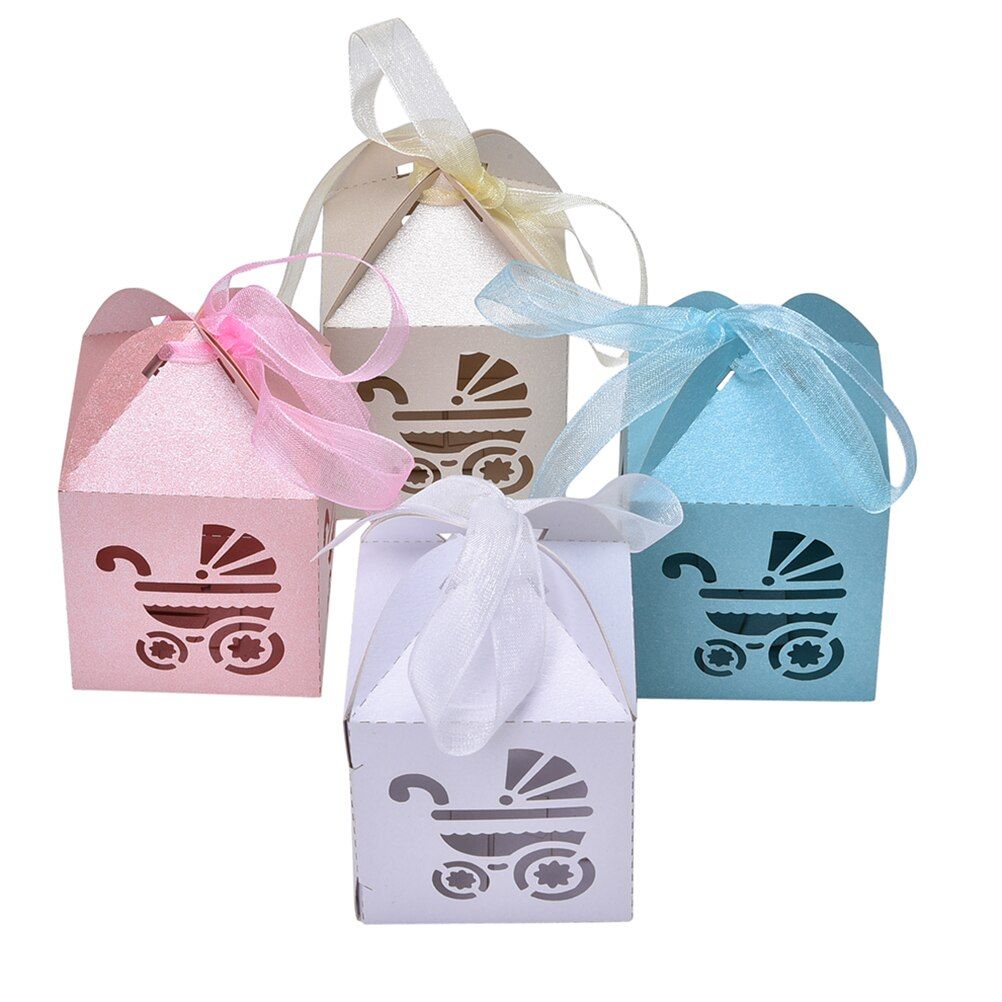 10pcs Party Gift Baby Shower Candy Boxs Ribbon Carriage Shape Favor Wedding Box
