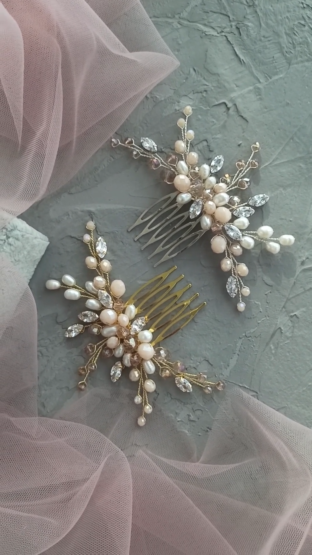 Bridal gold hair comb with freshwater pearl, pale peach and beige beads and cubic zirconia crystals