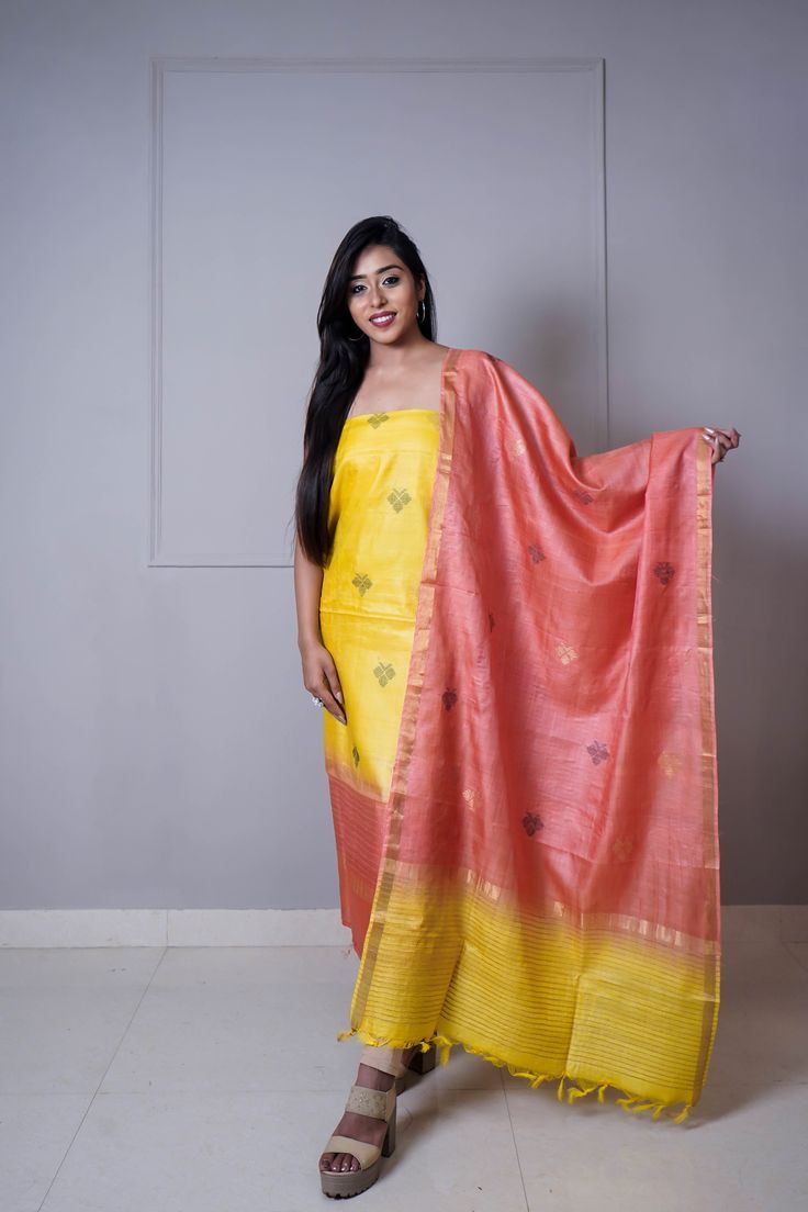 In frame: Yellow Orange coloured handwoven Tussar Silk Suit set by Vayan- House of Tussar Silk. Very comfortable, stylish, elegant & light weight suits ,suitable for any & every occasion. Silk Suit, Lighting Sources, Photographic Lighting, Yellow Color, Hand Weaving, Sari, Timeless, Woven, Suits
