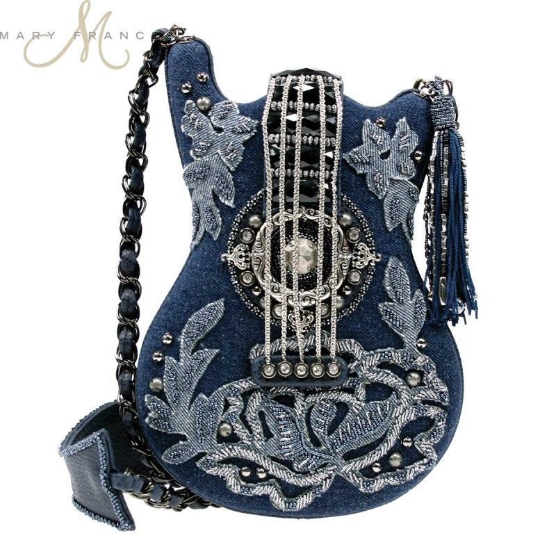 Mary Frances Handbag Melody Beaded Jeweled Denim Blue Guitar Mary Frances Handbag Melody Beaded Jeweled Denim Blue Guitar Shoulder Bag Purse