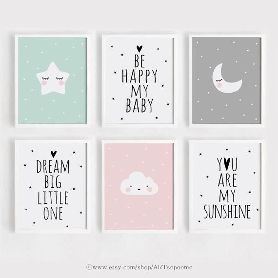 Druckbare Kinderzimmer Wand Art Set von 6 Poster Baby Mädchen junge Raumdekor Stern Mond Zitate gerne mein Baby Digital print Download ARTsopoomc