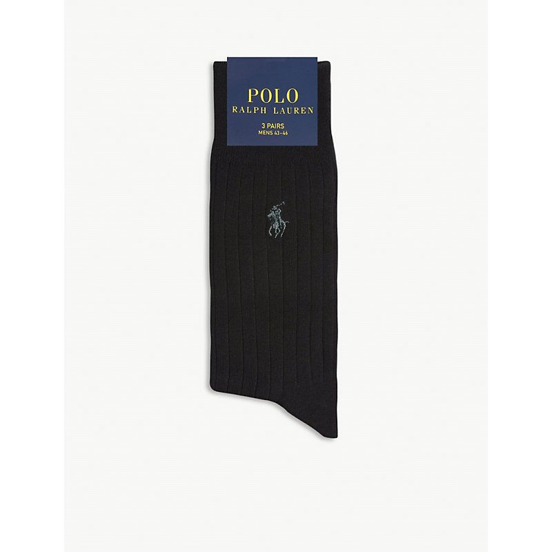 Polo Ralph Lauren Logo Ribbed Egyptian Cotton Blend Socks Set Of Three In Black Modesens