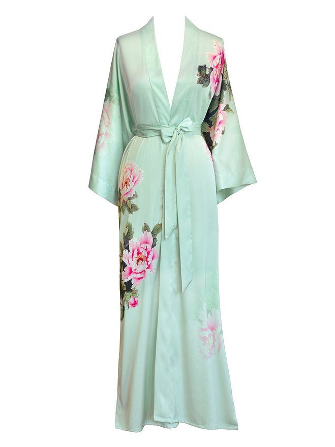 Womens Charmeuse Kimono Robe Long Watercolor Floral