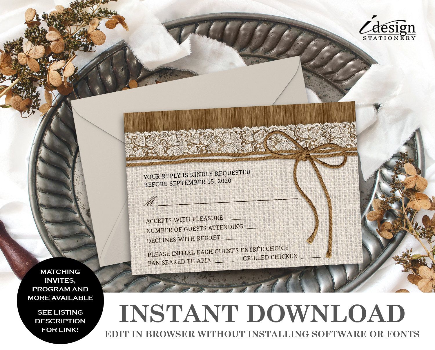 Rustic Wedding Rsvp Card With Meal Choice RWB01 Rsvp