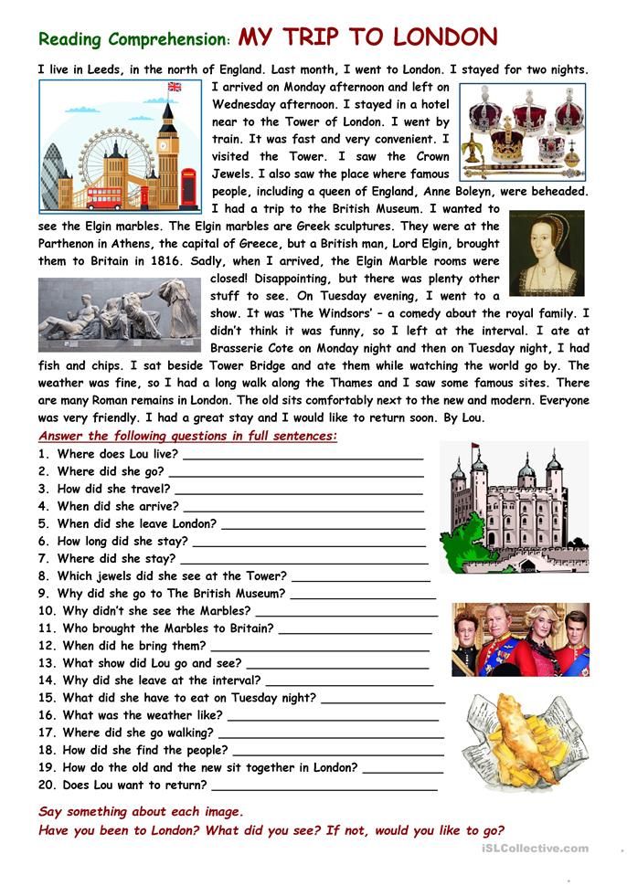 RC: My trip to London - English ESL Worksheets for distance learning and physical classrooms English For Students, English Stories For Kids, Learning English For Kids, English Lessons For Kids, Learn English Words, Reading Comprehension For Kids, Esl Reading, English Reading, English Grammar Worksheets
