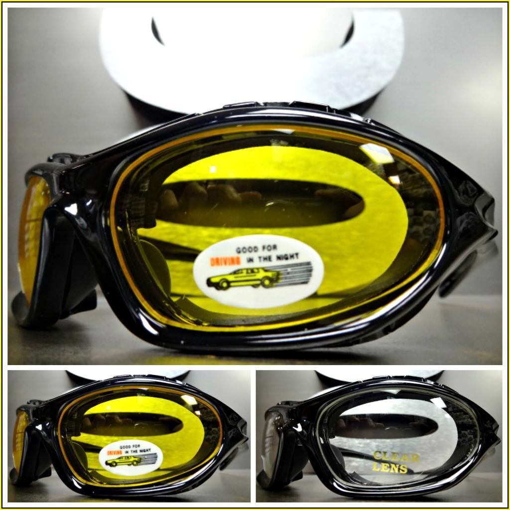 Men MOTORCYCLE BIKER Day Night RIDING DRIVING Yellow Lens PADDED GLASSES GOGGLES