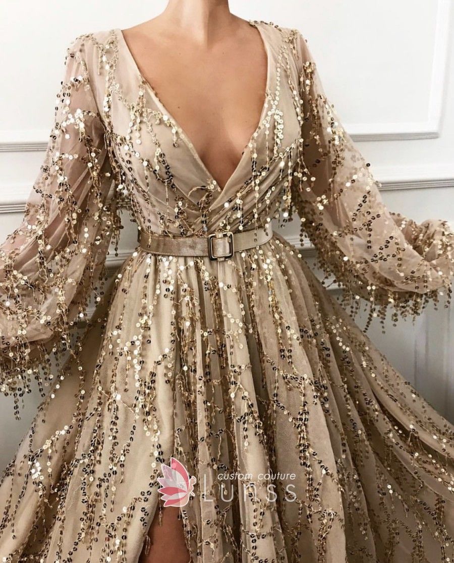 Mojave Gold Sequin Embroidered Tulle V-neck Evening Ball Gown with Mojave Gold Sequin Embroidered Tulle V-neck Evening Ball Gown with