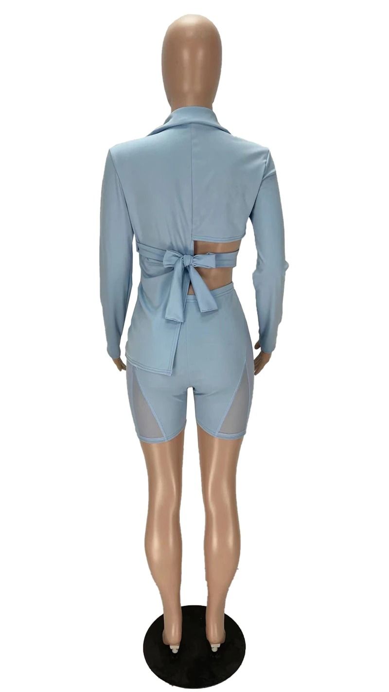 Women Solid Blazer Suit 2 Piece Sets Notched Long Sleeve Lace Up Bandage Asymmetrical Top Sheer Mesh Cheap Jumpsuits, Asymmetrical Tops, Long Sleeve Lace, Bandage, Blazer Suit, Peplum Dress, Mesh, Lace Up, Solid