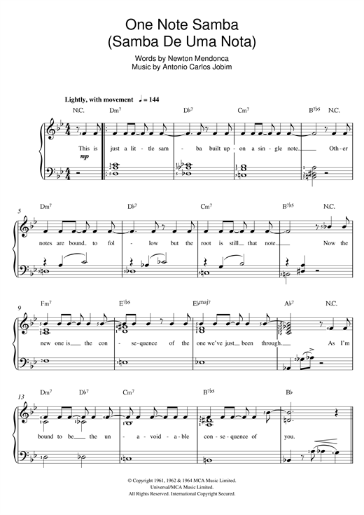 antonio carlos jobim one note samba samba de uma nota samba samba score sheet