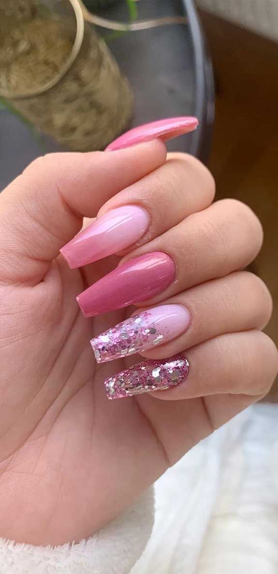 Pink Glitter Nails, Ombre Acrylic Nails, Summer Acrylic Nails, Pretty Acrylic Nails, Gel Nails, Acrylic Nail Designs For Summer, Ongles Or Rose, Acryl Nails, Pretty Nail Art