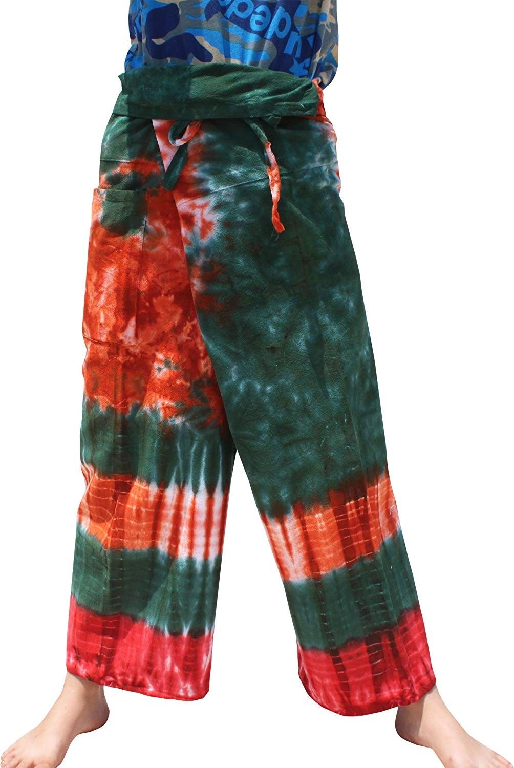 Thick Muang Cotton Thailand Fishermans Pants TieDyed Plus - Green Orange - CO18E8AEY00 - Sports & Fi...