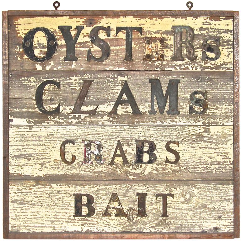 Folk Sign Oysters Clams Crabs Bait Antique Trade Oysters Clams Crabs Bait