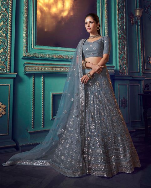 Dusty Grey Sequins Embroidered Net Lehenga– Lashkaraa Net Lehenga, Lehenga Choli, Wedding Cocktail Party, Powder Blue Color, Lehenga Collection, Lehenga Designs, Indian Outfits, Indian Clothes, Indian Wear