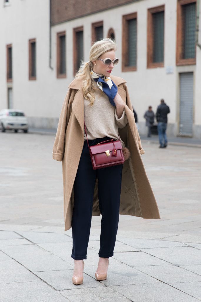 Milan Fashion Week AW16: Max Mara camel coat, Ferragamo vintage silk scarf, Christian Louboutin nude Pigalle pumps, Saint Laurent 'High School' red handbag, camel coat with silk scarf outfit, Milan Fashion Week AW16 street style Style Outfits, Coat Outfits, Classy Outfits, Fashion Outfits, Silk Neck Scarf Outfit, Tie Outfit, Beige Trenchcoat, Jeans Overall, Camel Coat Outfit