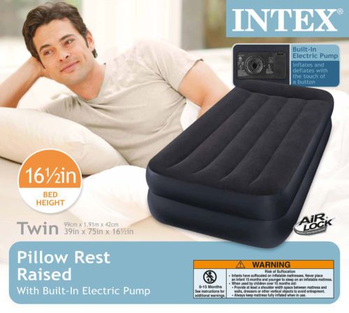 Intex Twin Raised Pillow Air Mattress Bed with Built In Electric