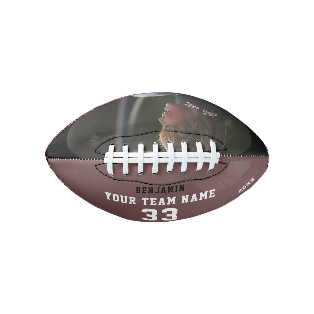 Custom Football with Name, Number, Team and Photo. Personalize it with your photo, name, team name and the year. The text is trendy white and black typography. You can change any text on the football or erase it. A perfect gift for football players, teammates, coaches, your friends and family. Great keepsake to remember your favorite sport. Pro Football Teams, Custom Football, Football Photos, Personalized Football, Football Kids, Team Coaching, A Team, Break Dance