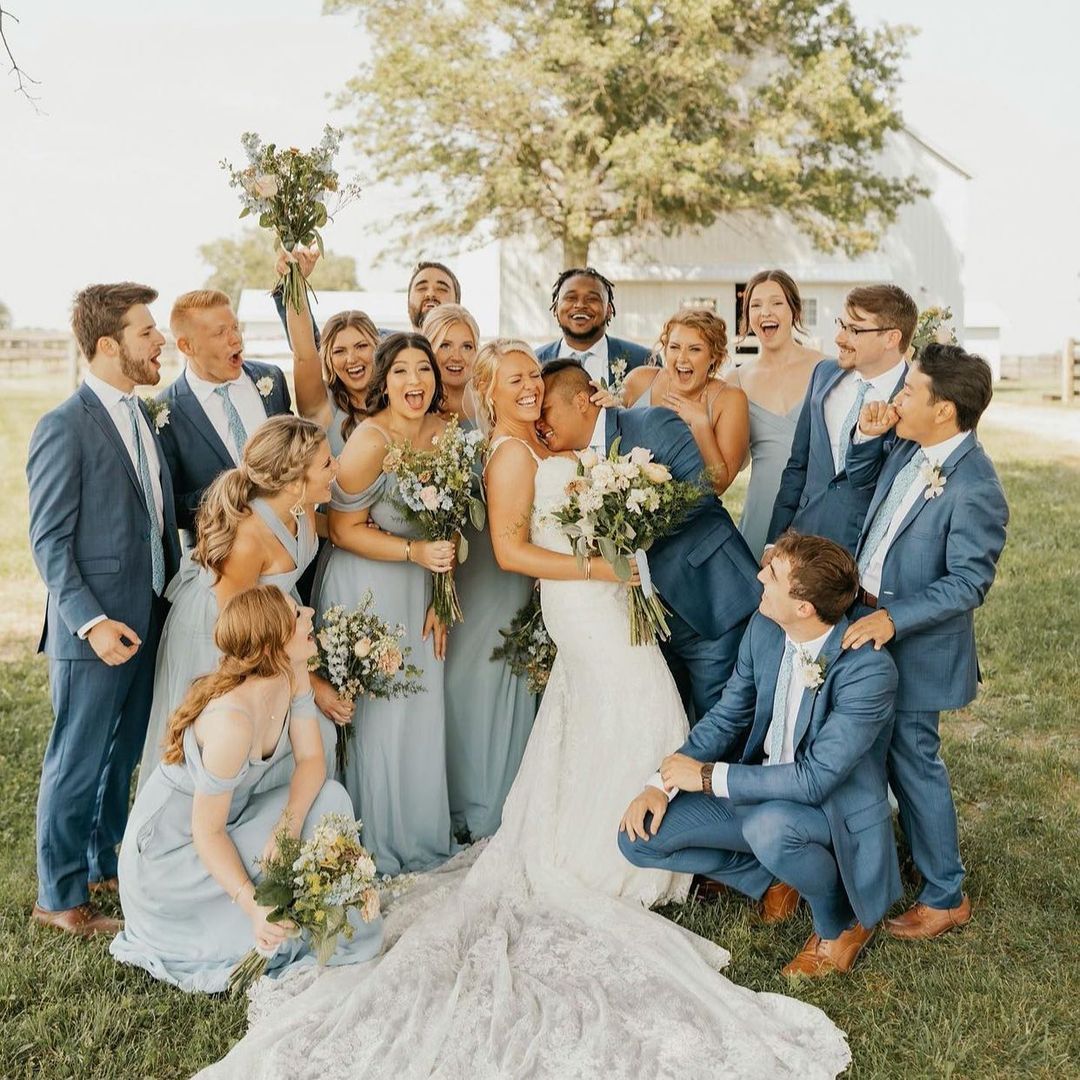 BIRDY GREY 🐥 on Instagram: “Make the crew your something blue 💙 • Featuring bridesmaids in Dusty Blue • 👰🏼♀️: @thelizardle 📸: @madisonreneephotography_…” Grey Blue Bridesmaid Dresses, Dusty Blue Dress, Bridesmaids And Groomsmen, Wedding Bridesmaid Dresses, Light Blue Bridesmaids, Blue Suit Wedding, Tan Wedding, Wedding Colors, Wedding Ideas