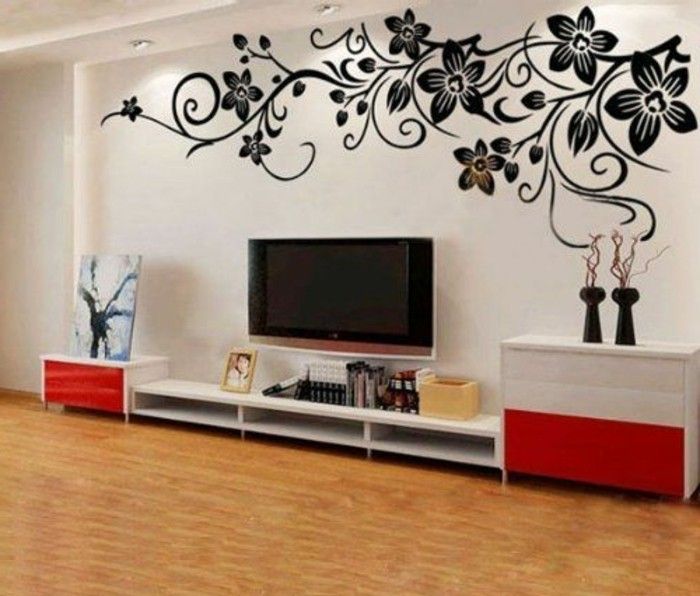 Deko Wohnzimmer Wand wand-deko-schwarze-blumen-fernseher-wandsticker-wohnzimmer | Wohnzimmer