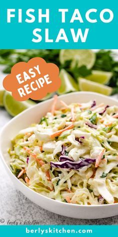 This easy Fish Taco Slaw recipe is perfect for your favorite fish tacos. This recipe from Berly's Kitchen comes together in minutes and uses fresh ingredients. Get the full recipe at berlyskitchen.com. Fish Dishes, Seafood Dishes, Seafood Recipes, Mexican Food Recipes, Vegetarian Recipes, Dinner Recipes, Cooking Recipes, Healthy Recipes, Fish Taco Recipes