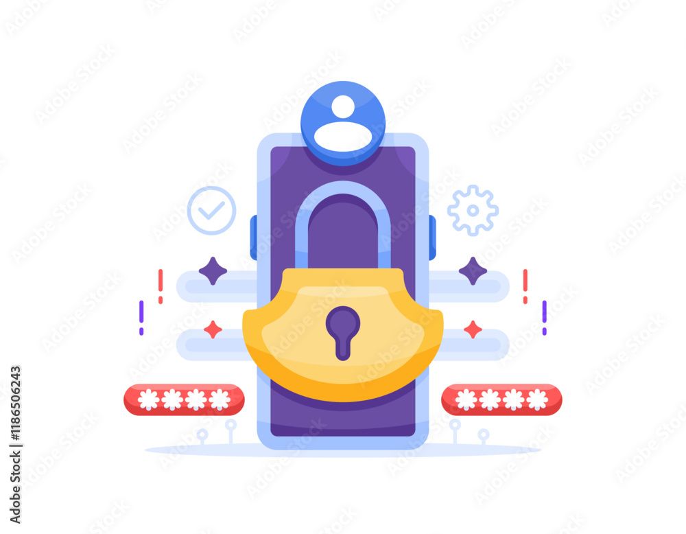 privacy protection and data security concept. security and protection system on smartphone. screen lock. mobile access control. illustration of smartphone with padlock, password and account symbols Stock Vector