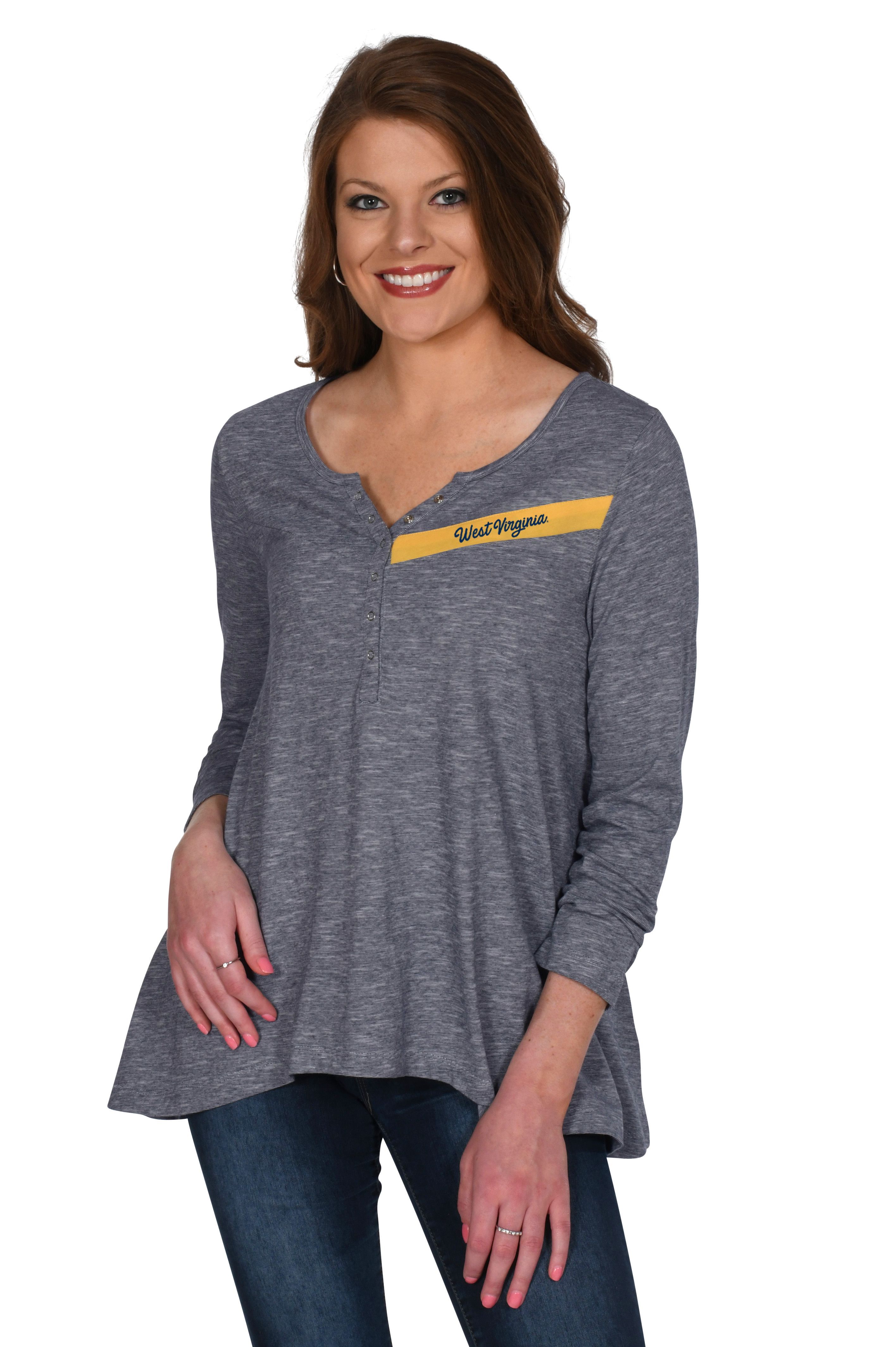 WVU Mountaineers Cozy Henley Top #wvumountaineers Show your school spirit with our WVU Mountaineers Cozy Henley Top. This cozy top is comfortable and flowy, a must have for this season! #wvumountaineers