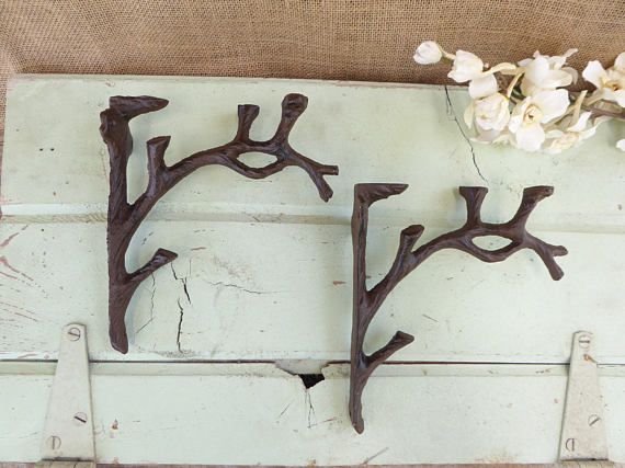 Set of 2 Cast Iron Shelf Brackets New Antique-Style Twig Branch Rustic 7/" x 7/"