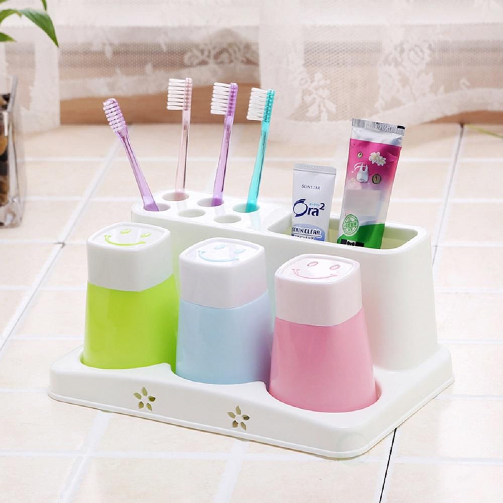 Bathroom Toothpaste Storage Rack Toothbrush Hold Plastic Cup Set Shelf Stand W