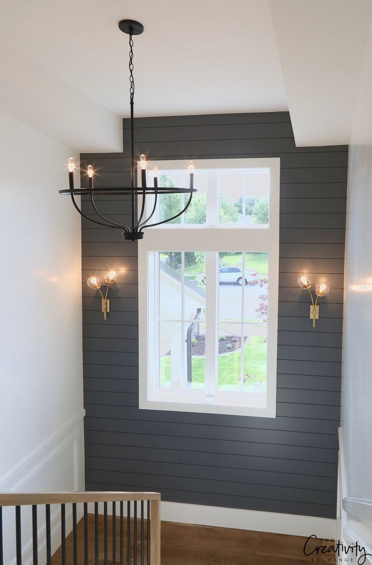 Wall accent color is Benjamin Moore Trout Gray. #paintcolors #benjaminmoore #neutral #shiplap #farmhouse #farmhousestyle #modernfarmhouse Modern Farmhouse Home, Farmhouse Homes, Modern Country, Farmhouse Decor, Farmhouse Lighting, Modern Farmhouse Staircase, Farmhouse Kitchen, Modern Farmhouse Interior Doors, Modern Farmhouse Paint Colors