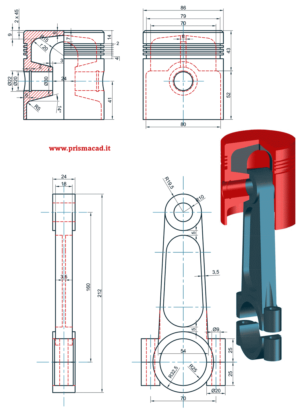 Disegno meccanico - Biella - Pistone - Connecting rod - Piston ...