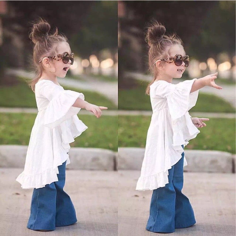New Brand Girls White Puff Sleeve Shirt Irregular Front Short Back Long Lovely T Shirt For Girls Cotton Tops Chidl Sirin Elbiseler Kucuk Kiz Modasi Cocuk Giyim
