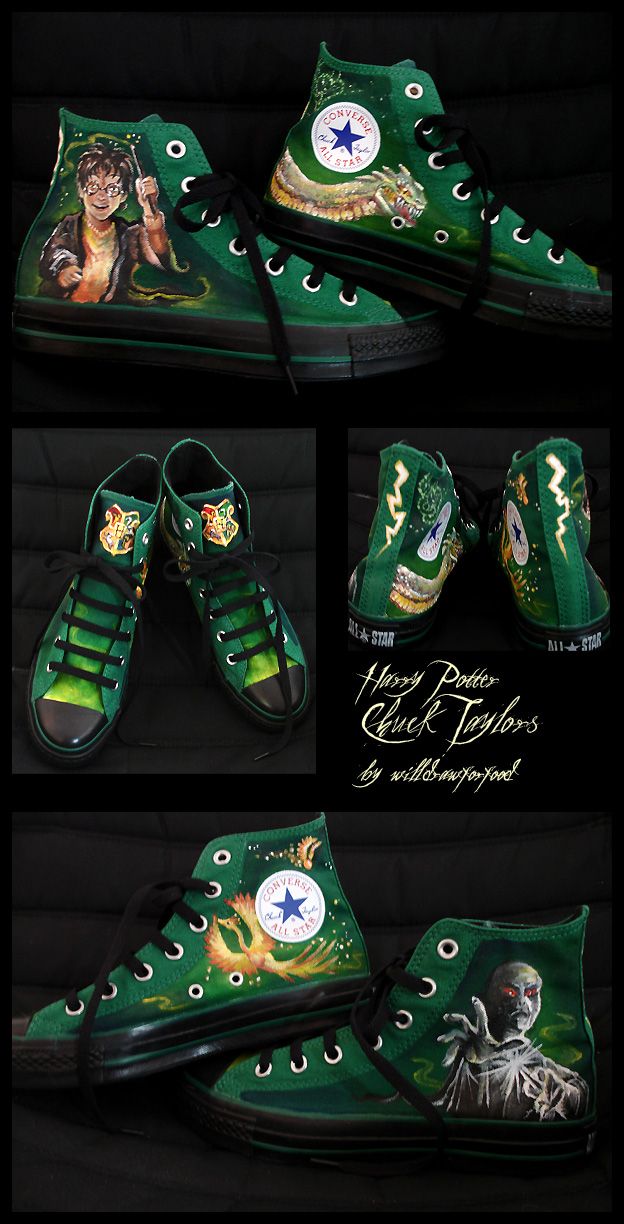 Oh. My. God. These will be my wedding shoes. (And every other day of the week) Harry Potter Chucks by ~willdrawforfood on deviantART Harry Potter Converse, Harry Potter Shoes, Slytherin Harry Potter, Harry Potter Style, Harry Potter Outfits, Harry Potter Crafts, Wizarding World Of Harry Potter, Converse Sneakers, Converse All Star