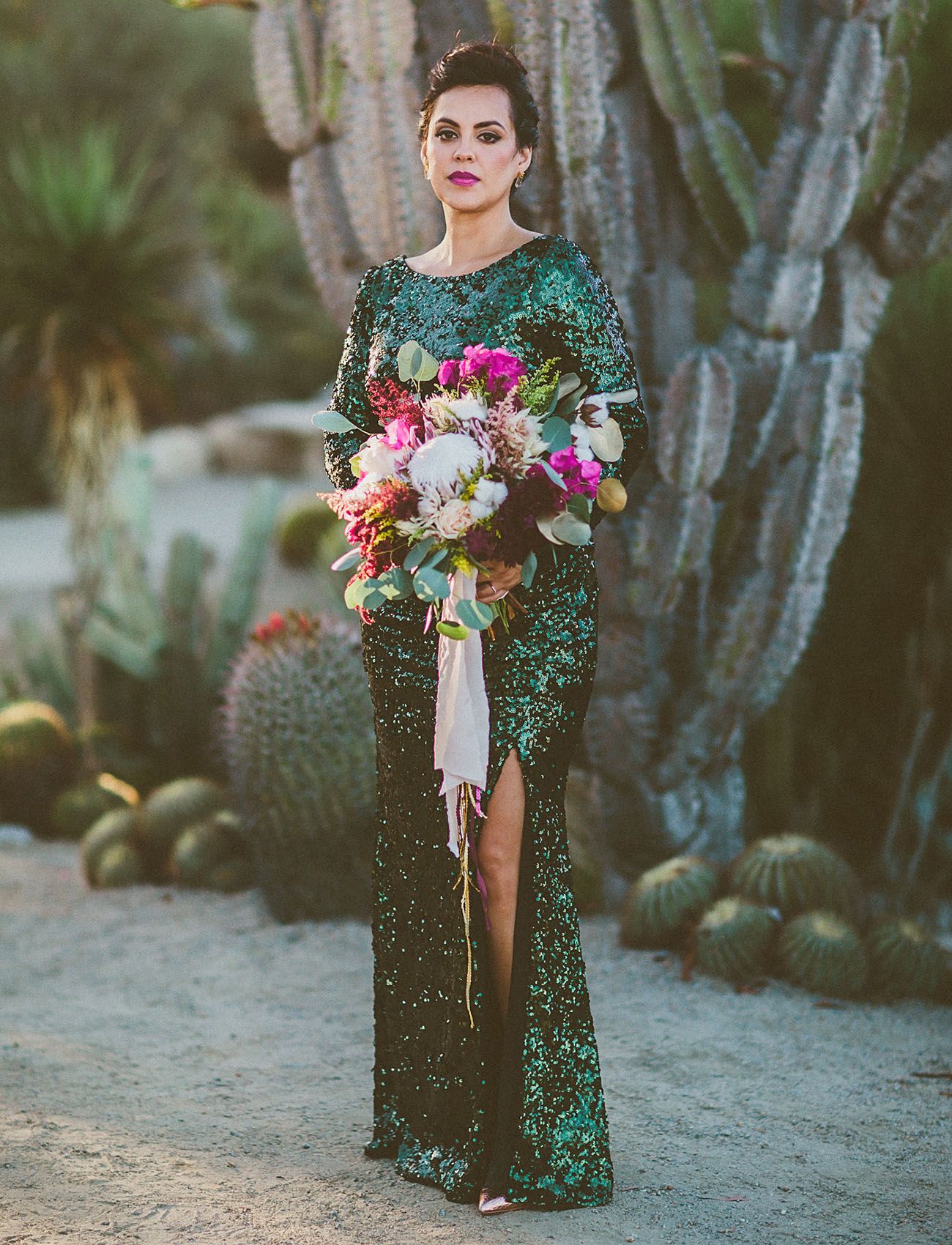 Mid Century Glam Desert Wedding Nic Iain Celebration Desert Wedding Mid Century Hotel Reception Emerald Sequins Fuchsia Blooms And Gold Marbling Details