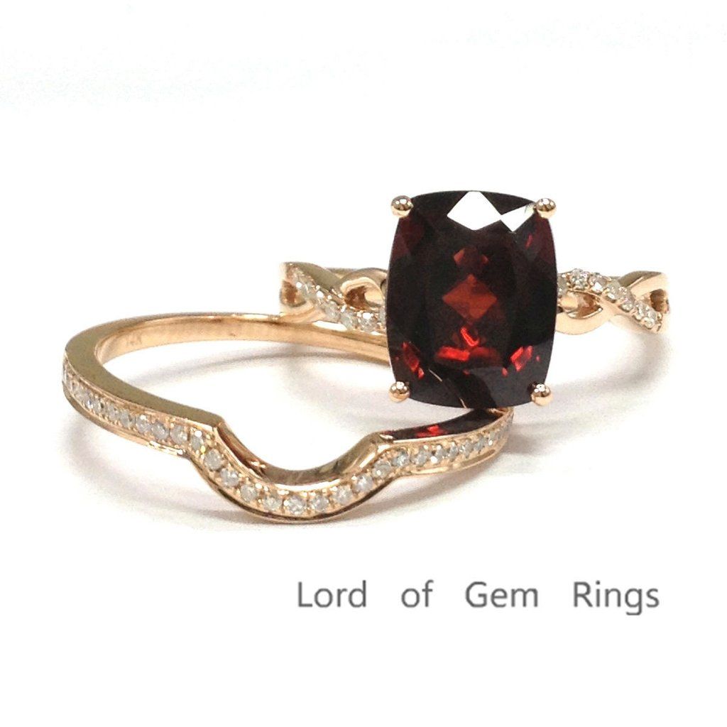 Cushion Garnet Engagement Ring Sets Pave Diamond Wedding 14k Rose Cushion Garnet Engagement Ring Sets Pave Diamond Wedding 14k Rose Gold 8x10mm Curved Band Lord Of Gem Rings 1
