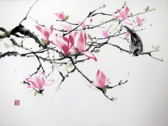 Sakura Japanese Ink Painting On Rice Paper 17x26 By Suibokuga