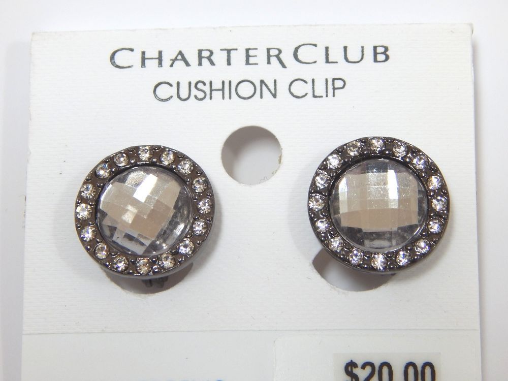 Charter Club Hemae Tone Cushion Clip Earrings Gray And Clear Faux Charter Club Hemae Tone Cushion Clip Earrings Gray And Clear Faux Crysal New Charterclub