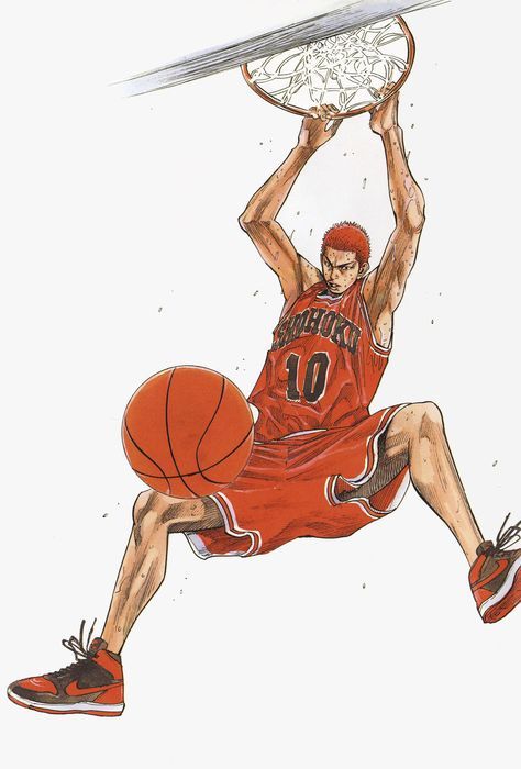 Hanamichi Sakuragi is a delinquent and the leader of a gang. Sakuragi is very unpopular with girls, having been rejected an astonishing fifty times. In his first year at Shohoku High School, he meets Haruko Akagi, the girl of his dreams. Haruko, recognizing Sakuragi's athleticism and introduces him Slam Dunk Manga, Manga Drawing, Manga Art, Got Anime, Japon Illustration, Basketball Art, Miyagi, Manga Anime One Piece, Animal Quotes