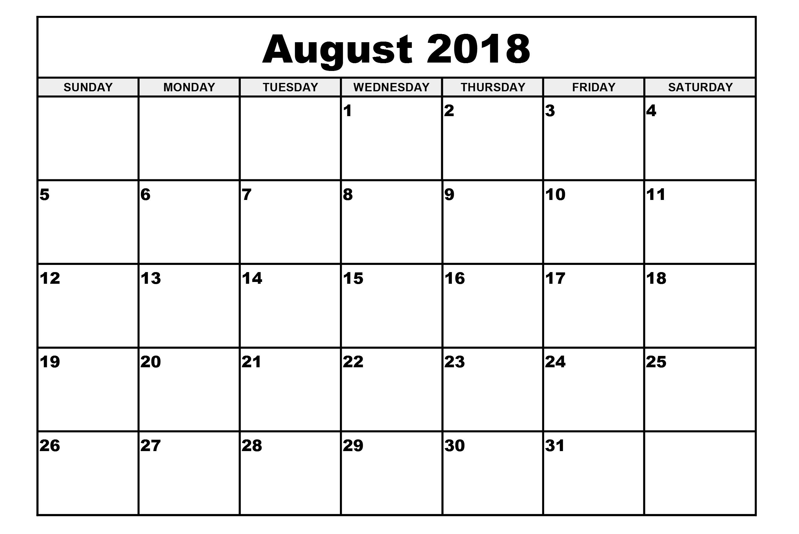August Calendar 2018 Printable Simple Blank Template August Calendar 