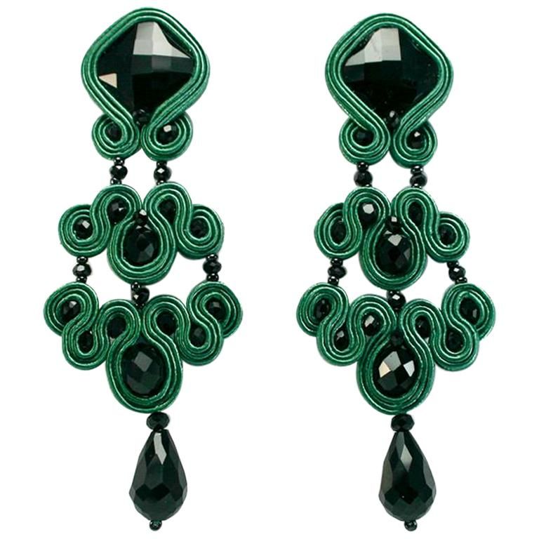 Musula Jet Black Gothic Uranium Soutache Earrings W Silver Closure In 2021 Gold Chandelier Soutache Earrings, Black And Gold Crystal Chandelier Earrings Uk