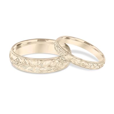 His Hers Wedding Bands Hand Engraved Yellow Gold His Hers Wedding Bands Hand Engraved Yellow Gold Matching Rings