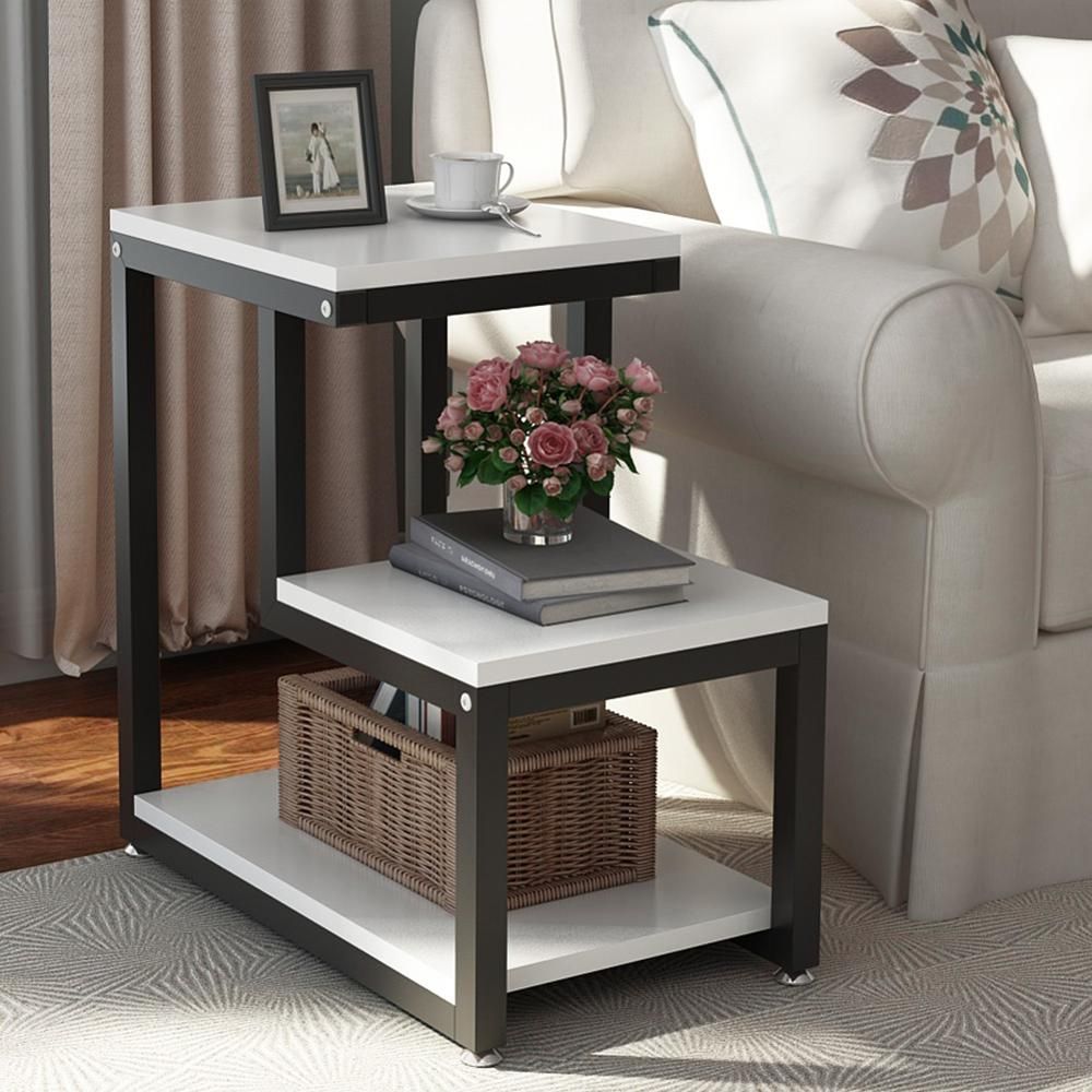 What You See Is What You'll Get - No Surprises - Delivery Included Price Commitment - Style Shouldn't Break The Bank. High-End Design - Let The Reviews Do The Talking. ~section 2~ Get more than just a table with this stylish and cleverly designed end table. It features 3-tier shelves that provide ample storage for your essentials and decorative pieces. This table is crafted with a durable black metal frame and natural wood grain top for that sophisticated look! Its sleek look and compact Table Sofa, Chair Side Table, Table Furniture, Furniture Design, Side Tables, Side Coffee Table, White Furniture, Living Room End Tables, Living Room Sofa