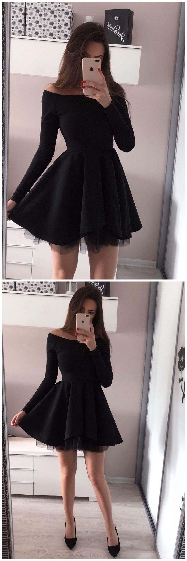Schulterfreies Mini-Satin-Kleid mit langen Ärmeln (ED16