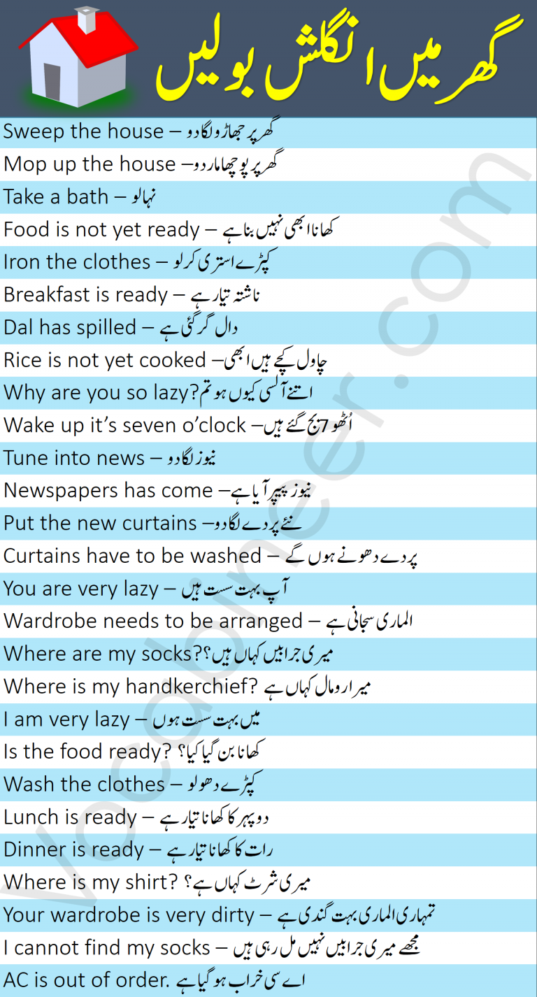 55 Urdu To English Sentences For Household Chores