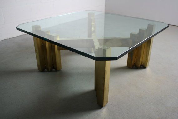Ultra Glam Brutalist Brass Coffee Table Octagonal Glass Top