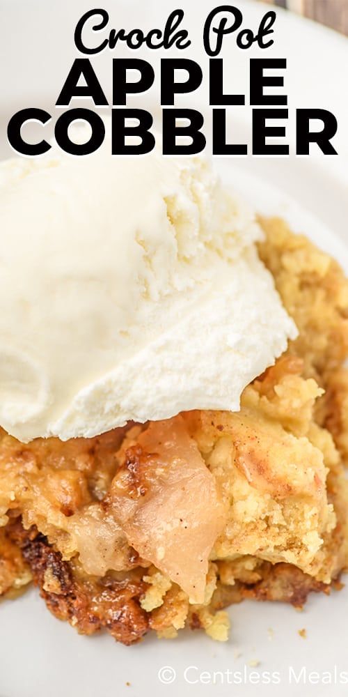 This 3 ingredient crockpot apple cobbler recipe is so easy to make! Spread pie filling in the bottom of the crockpot, sprinkle with cake mix, top with melted butter and then set it and forget it! Dessert will be hot and ready for you with minimal effort. #centslessmeals #crockpotapplecobbler #applecobblerrecipe #slowcooker #3ingredientdessert #easydessert #withcakemix #piefillings Apple Cobbler In Crockpot, Apple Cobbler Easy, Crockpot Cake, Crockpot Dessert Recipes, Crock Pot Desserts, Slow Cooker Desserts, Crockpot Recipes Slow Cooker, Cobbler Recipe, Yummy Food Dessert