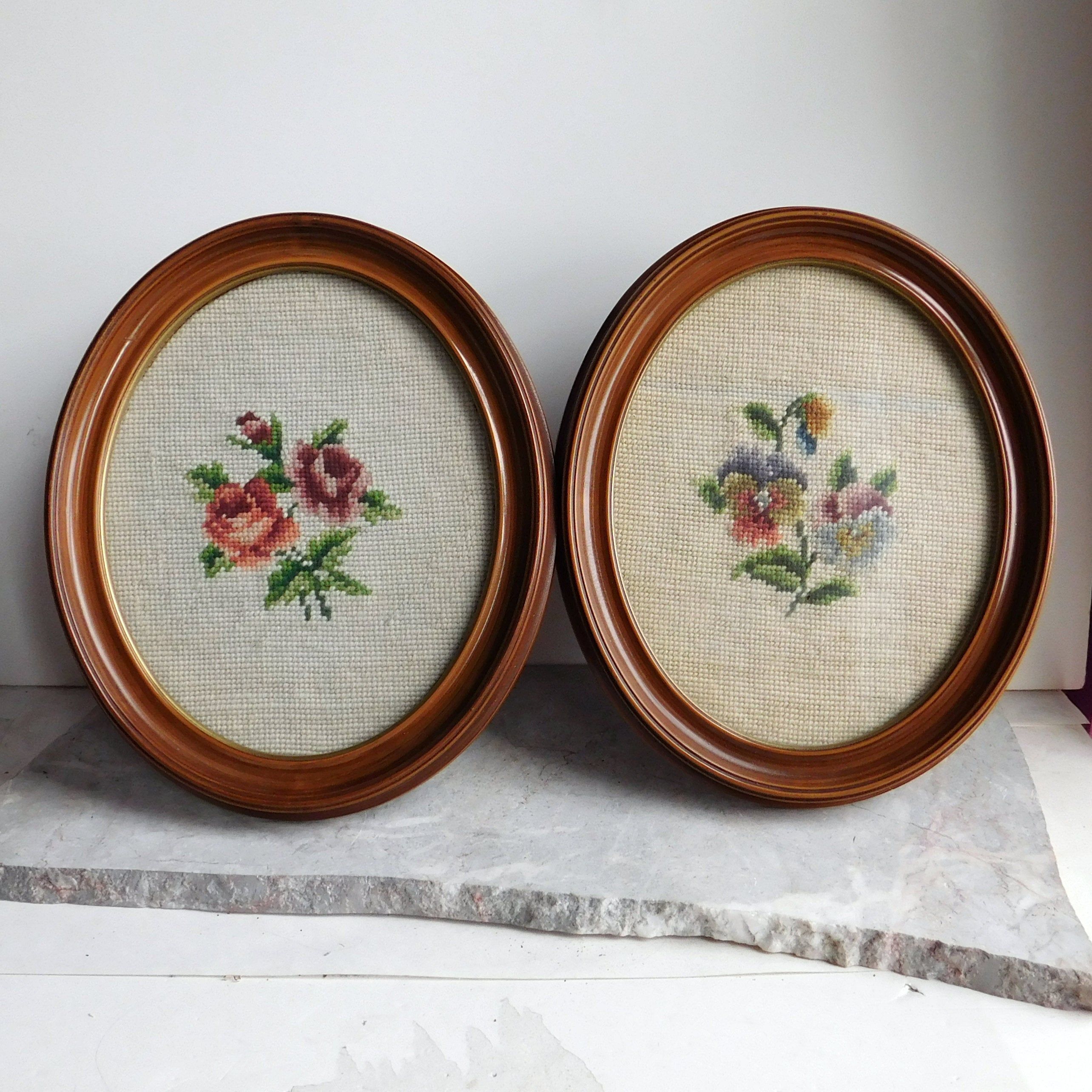 Vintage handmade Floral Needlepoint on Velvet Framed Wall Picture 7\u201d12 x6\u201d