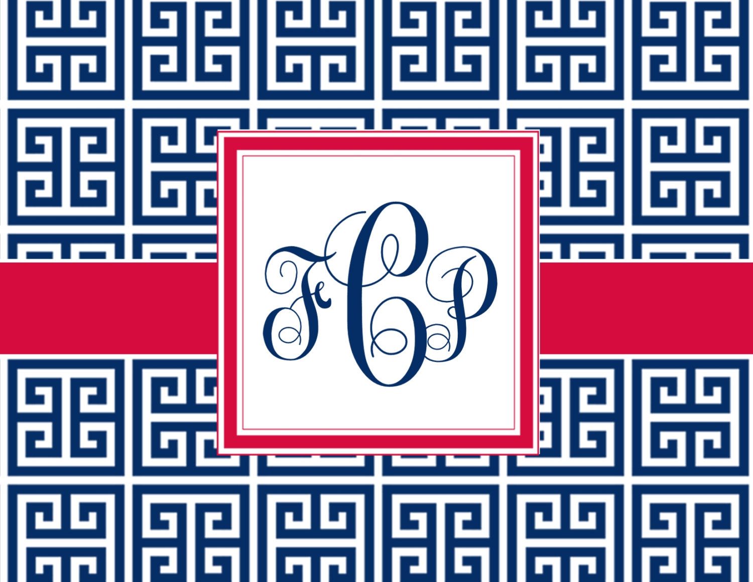 personalized blue red and white monogram stationery greek key and note card sizes
