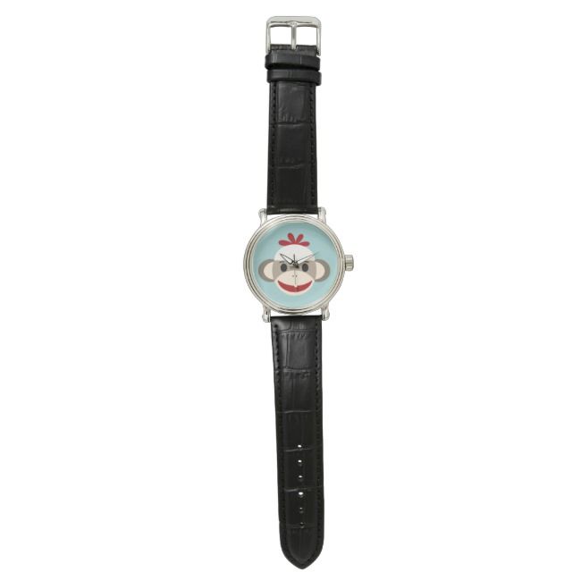 Sock Monkey Vintage Black Leather Strap Watch | Zazzle.com #sockmoneky